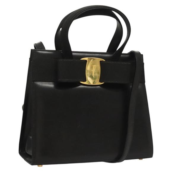 Salvatore Ferragamo Handbags - Salvatore Ferragamo Vala Hand Bag Leather 2way Black Gold Auth gh088